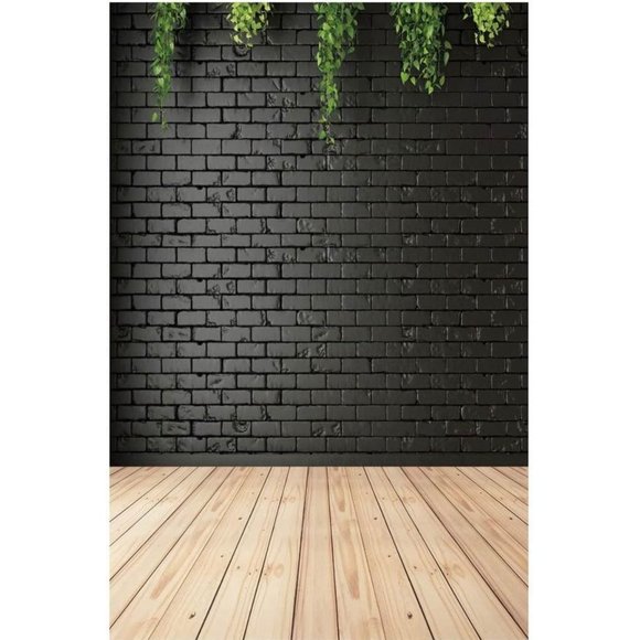 Black Brick Wall w/ Falling Greenery Backdrop Wedding Background - Picture 2 of 4